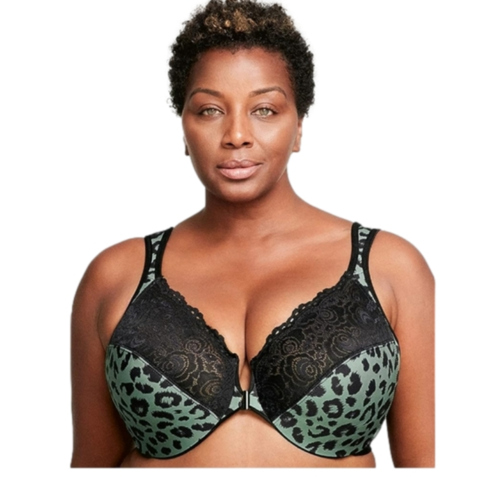 Glamorise Leopard Print Underwire Front Closure Wide Strap Bra